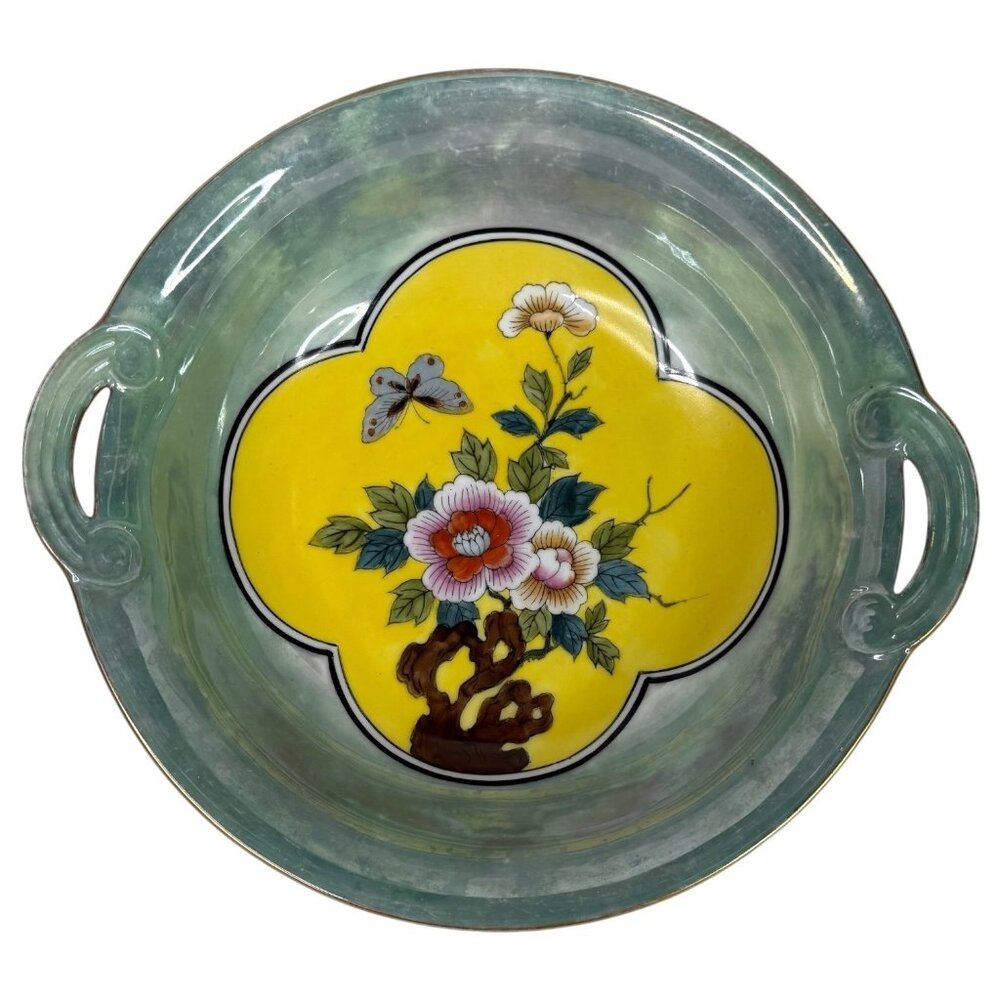 VTG Hand Painted Art‎ Deco Lustreware Bowl With Handles Butterfly Flower Japan